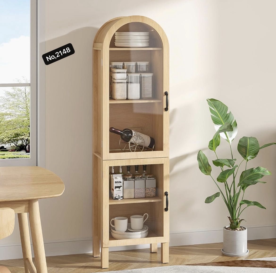 Narrow Arched Bookcase, 64'' Tall Arch Bookshelf with Acrylic Glass Doors, 5 Shelf Bookcase, Freestanding Storage Organizer Display Cabinet for Living