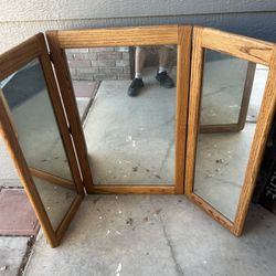 Oak Folding Vanity Mirror 