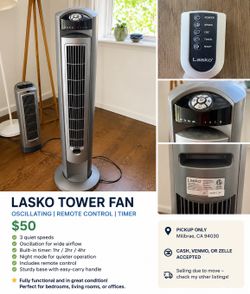 Lasko Oscillating Tower Fan with Remote Control (Barely Used!) – $50
