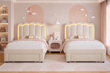 2pcs Twin Size Upholstered LED Bed Frame with Storage Drawer and Adjustable Chic Double Wavy Headboard, Velvet Princess Platform Bed for Kids/Girls, S