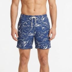 Nautica Men's Marlin Wave Print Swim Trunks Navy White Quick Dry Mesh Liner L 