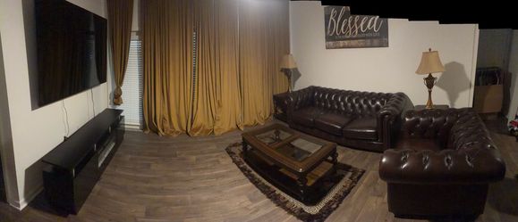 Full Living Room Set – Winchester Way Leather Sofa/Loveseat, Hutton Brown Table Set, 86” LG TV, Electric Fireplace TV Stand, Rug