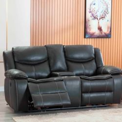 Brand New black Leatherette Loveseat With Storage & Cup holders Power Recliner 