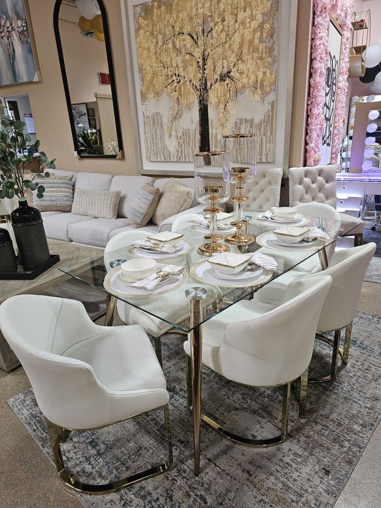 New Years Sale!! Glam Mid Century Glass Table + 6 Faux Leather Chair White