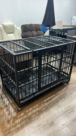 48 inch Heavy Duty Crates for Large Dog, Indestructible and Escape-Proof Cage Kennel with Lockable Wheels, Double Door High Anxiety with Removable Tra