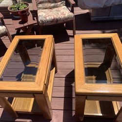 Set Of Two Solid Oak Wood & Beveled Glass End Tables