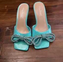 Anne Michelle Teal Patent Heeled Mule Sandals