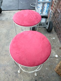 2 red bar stools/ 3 piece glass patio set three chairs glass table and base