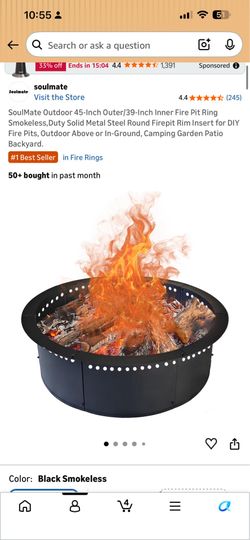 SoulMate Outdoor 45-Inch Outer/39-Inch Inner Fire Pit Ring Smokeless,Duty Solid Metal Steel Round Firepit Rim Insert for DIY Fire Pits, Outdoor Above 