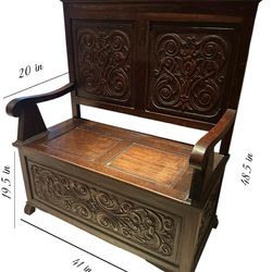 Antique Hand carved wood storage bench
