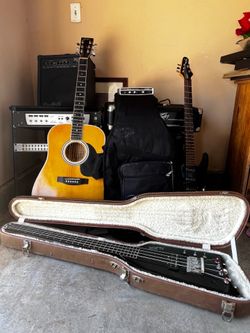 Two guitars,two amplifiers, m-audio, one headless bass , equalizer, mixer