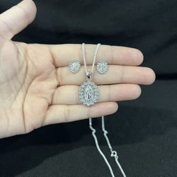 925 Sterling Silver Virgin Virgen Mary CZ Pendant Curb Necklace & Earrings SET