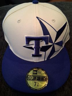 MLB New Era Texas Rangers All Star game  59fifty Fitted hat white with blue brim and blue logo $30
