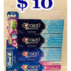 (4)Crest 3D White 2.4 oz each & (1) Oral-B toothbrush 