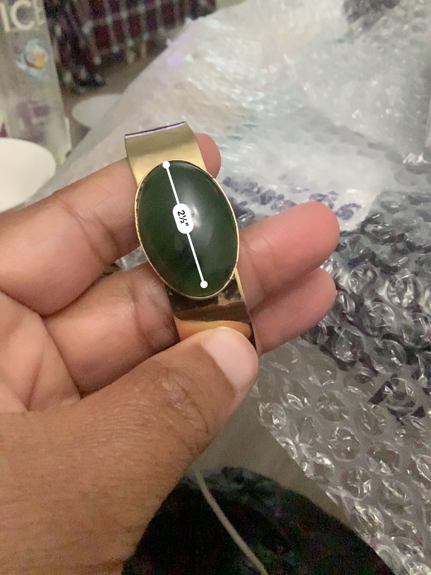 Gold-Tone Cuff Bracelet W/Green Stone & Round End Accents