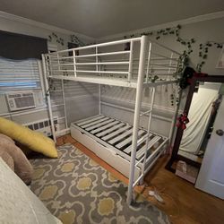 Full Size Loft Bed Frame With Twin Size Day Bed Frame Under Along With Two White Rolling Drawers 