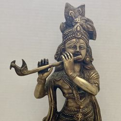 Vintage Hindu Goddess Krishna Playing Flute 23" Tall Brass Statue