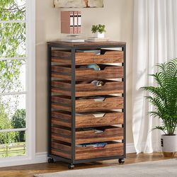 Tribesigns 7-Drawer File Cabinet, Wood Mobile Storage Drawer Unit, Industrial Office Cabinet with Drawers & Wheels, Rolling Printer Stand for