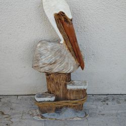 Hand Carved Alder Wood Pelican Sculpture: Coastall Wall Art 