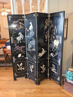 Antique 4 panel Asian black lacquer marble stone Inlaid horse. Room divider  Very detailed