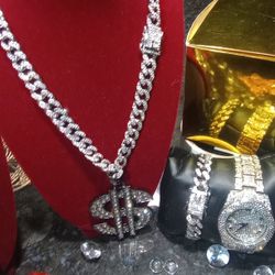 Manifest Money Black Medallion 18" Or 26"  Chain Watch & Bracelet