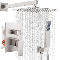 HGN 10 Inches Bathroom Rain Shower Combo Set Wall Mounted Rainfall Brushed Nickel Shower Head System Rough-in Valve Body and Trim Included