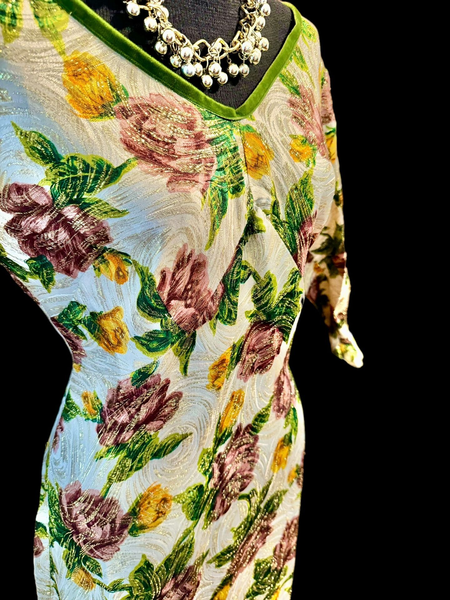 Amazing Vintage Shabby Chic Maxi Dress Metallic Gold Ruffles