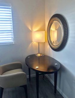 Desk + mirror + lamp + chair