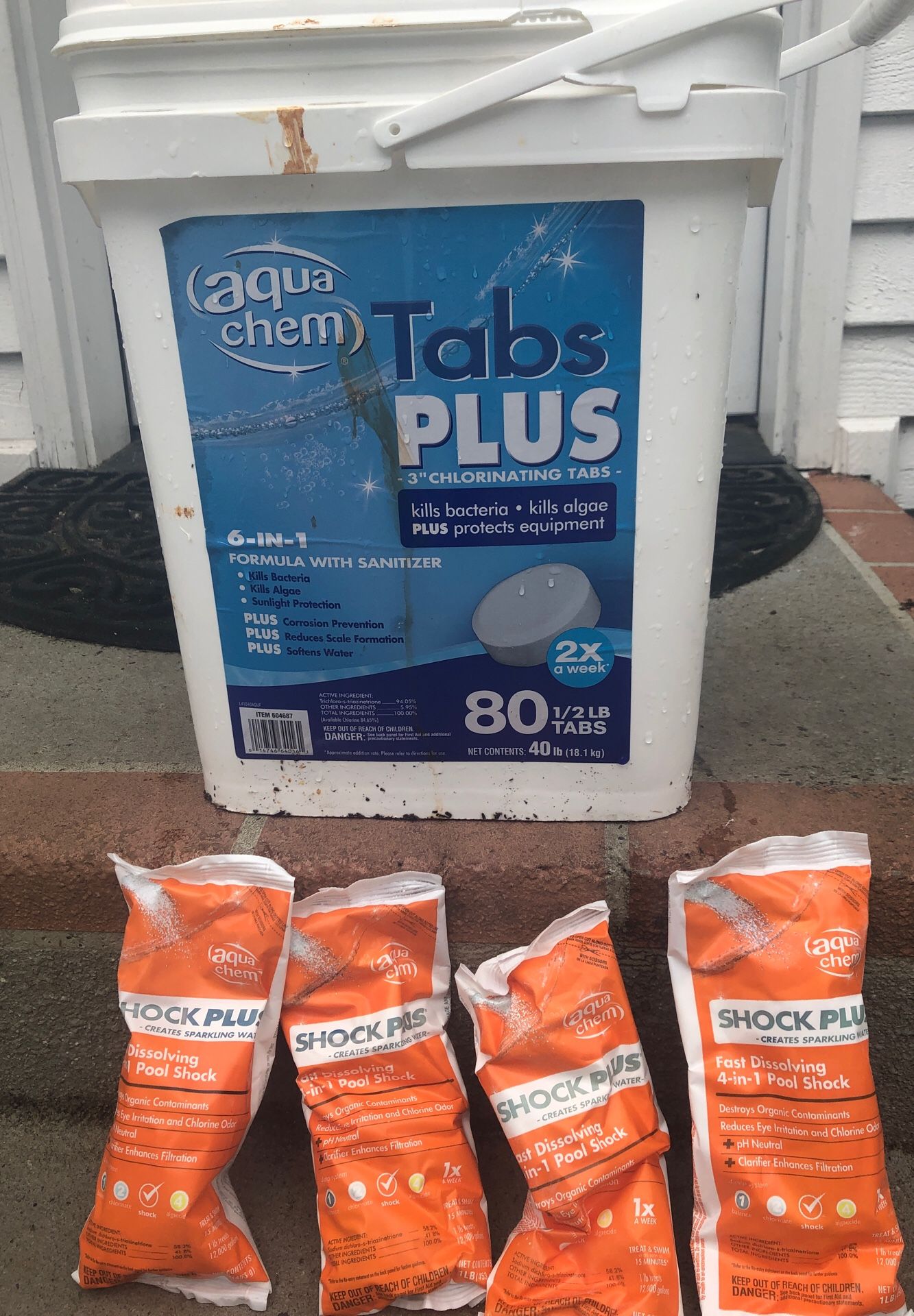 57 tablets 3” chlorine tabs and 4 bags Shock Plus