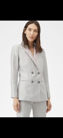 Rebecca Taylor Slubby Linen Blend Double Breasted Blazer Jacket Ash Grey Combo women's size 12 Tailored