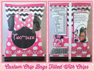 Minnie Mouse themed treat bags, party favors, decorations filled with chips