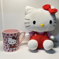 Hello Kitty TY Plush 9” Red Jumper Overalls Pink Shirt  & mug