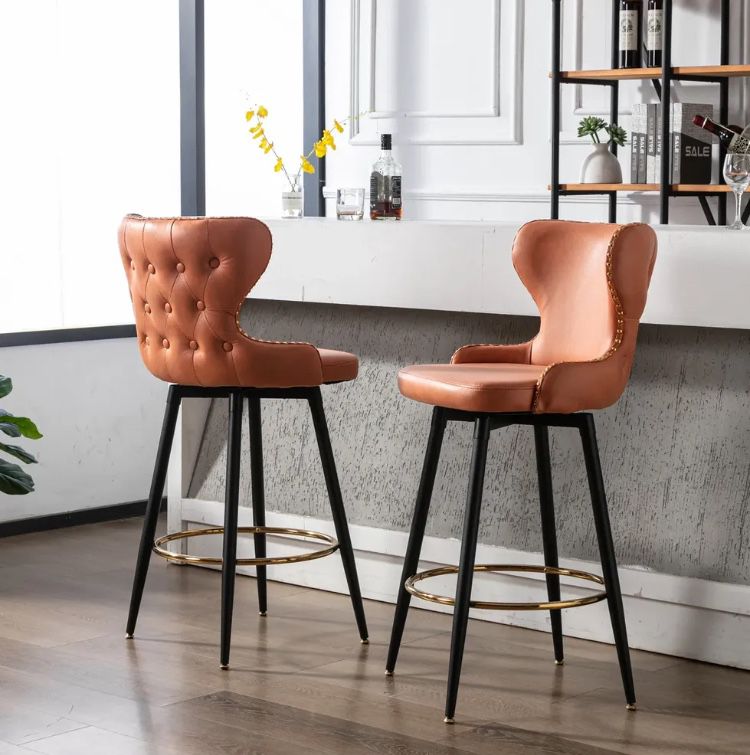 Modern Leathaire Fabric Bar Chairs with 180° Swivel and Gold Decoration, Set of 2 (Orange)