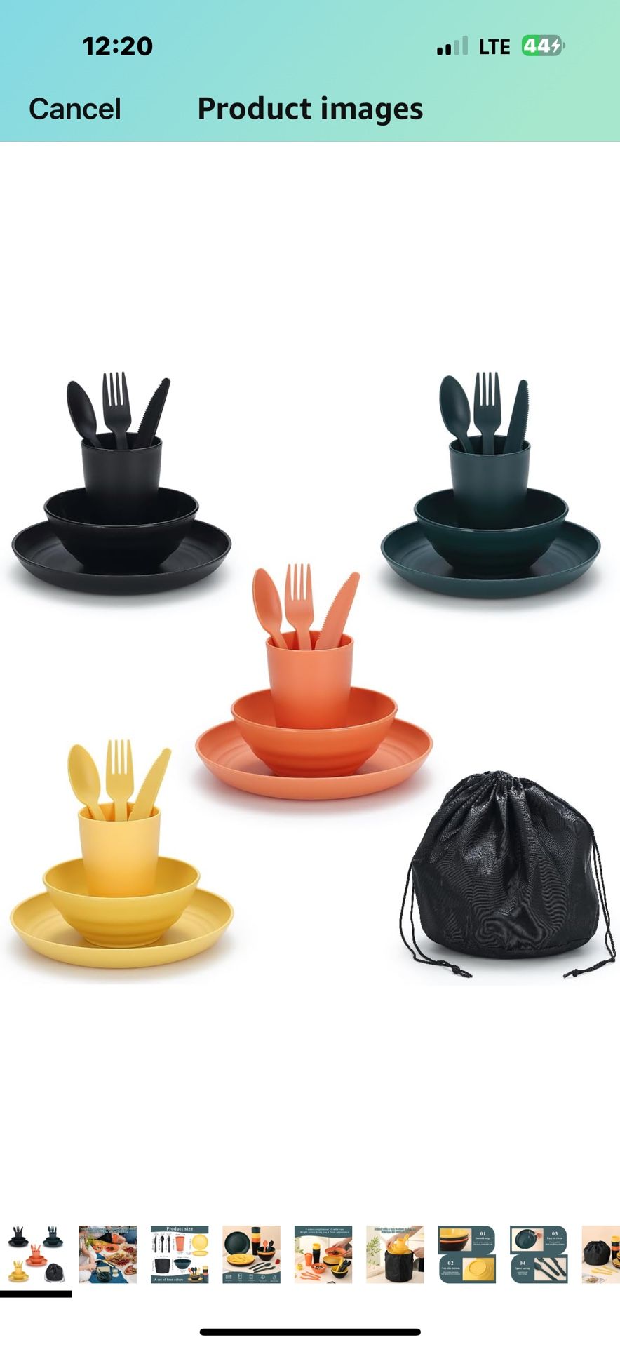 Camping Mess Kit for 4 with Bowl, Plate, Cup, Spoon, Fork, Knife and Carry Bag, Plastic Camping Accessories Essentials Gear for Travel, Picnic, Outdoo