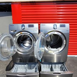 Samsung Front Loading Washer And Stackable Gas Dryer Set With Pedestals 
