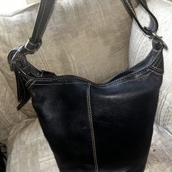 COACH Bleecker Tattersall Duffle Black Leather Shoulder Crossbody Bag