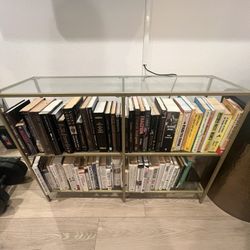 TWO Modern Gold & Glass Bookshelves / Display Shelves – Clean + Stylish