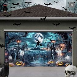 16 X 7 FT Halloween Witch Garage Door Cover Banner – Spooky Graveyard Cemetery Scene