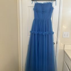 Blue A-line Wave Tie-straps tulle long dress