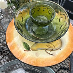 Green Vintage Glass Cups And Bowl Dip 