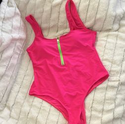 Size S/M Hot Pink One-Piece Swimsuit with Neon Zipper