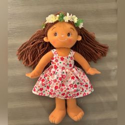 Hawaiian Hula girl plush doll 14” , floral dress, Haku lei, yarn hair