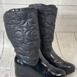 Coach Cantina Quilted Puffer Wedge Boots Womens 9.5 Black Patent Signature C