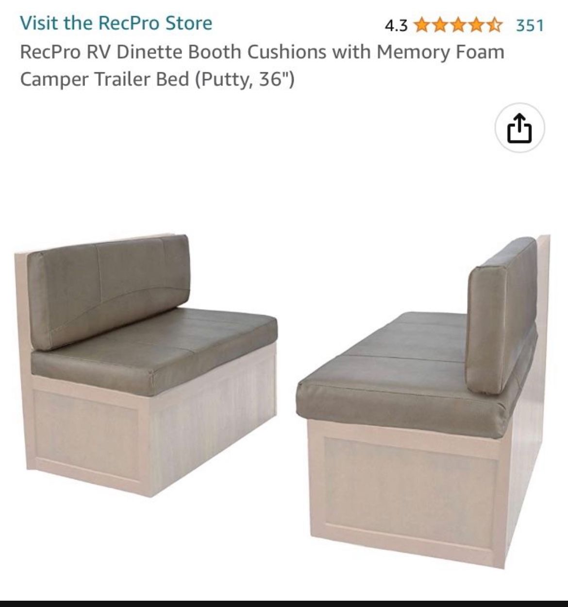 New!! New!! RecPro 36 Inch RV Dinette Booth Cushions With Memory Foam Camper Trailer Bed Putty Color