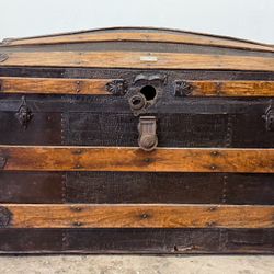Antique Dome Trunk Chest with Alligator embossed tin top exterior 