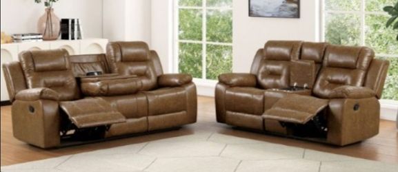 Brand New Brown Leather Reclining Sofa & Loveseat