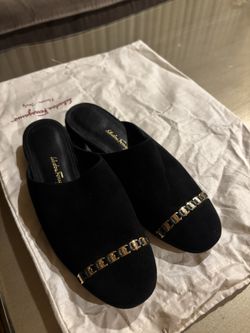 Salvatore Ferragamo Suede Chain-Link Accents Mules