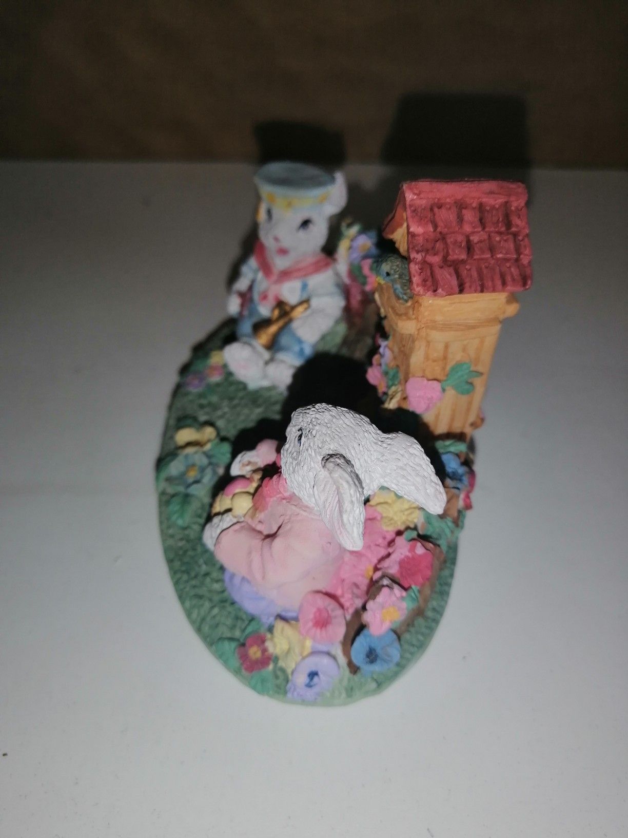 2 Bunnies with Easter Egg Basket and a Tower W4" x H3" x D3"