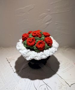 Whole crocheted red rose bouquet