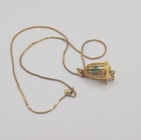 MONET Blue Bird Cage Charm Pendant Articulated Moving Swinging Gold Tone Enamel